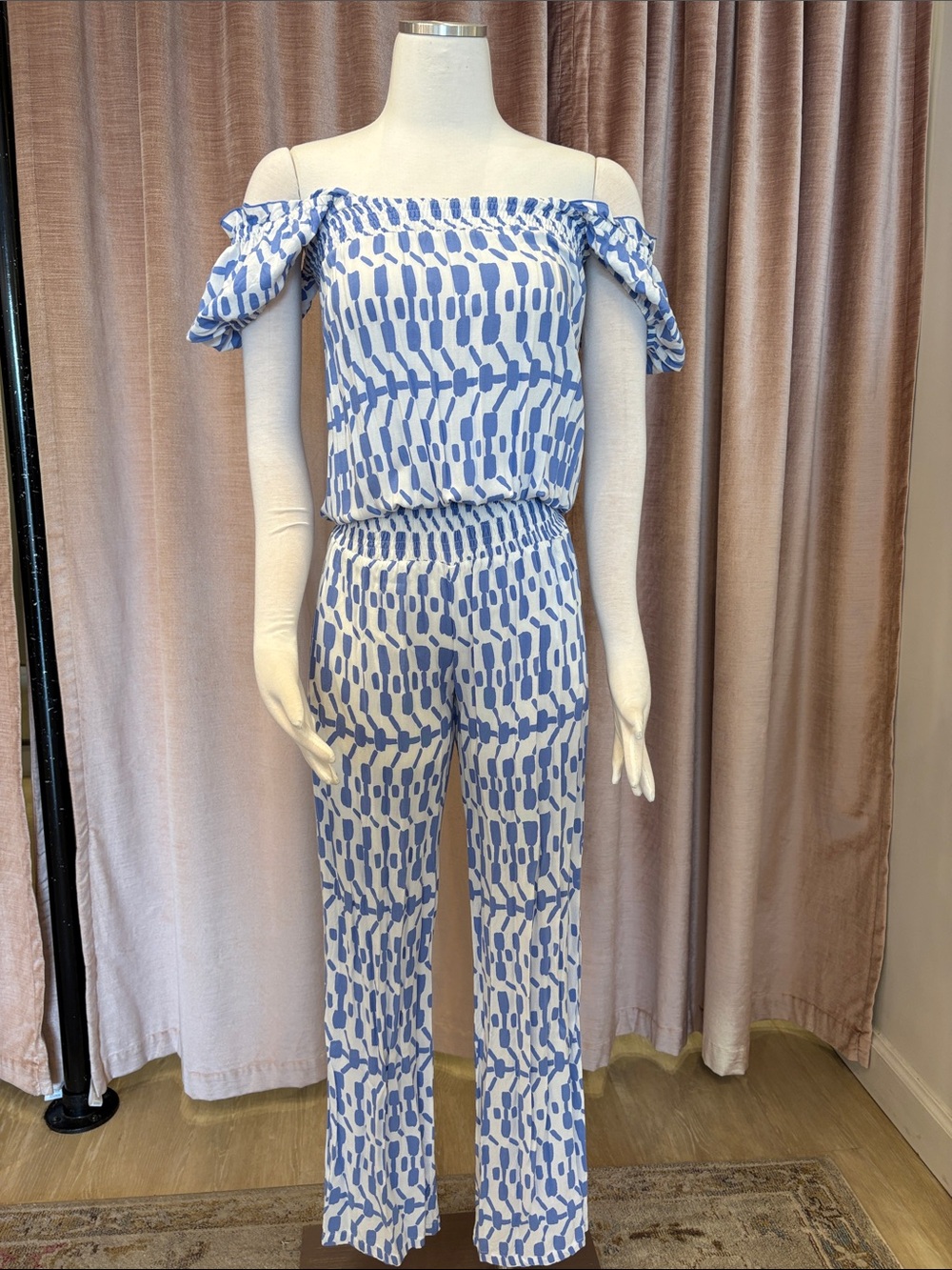 Off-Shoulder Blue Patterned Skemo Jumpsuit